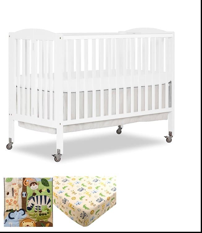White Wooden Folding Crib (Full Size) Includes bedding