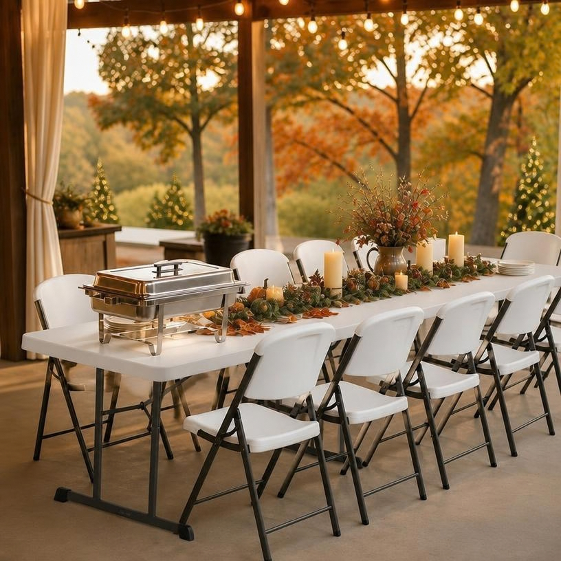 Thanksgiving table set up with rented tables, chairs, and a chafing dish